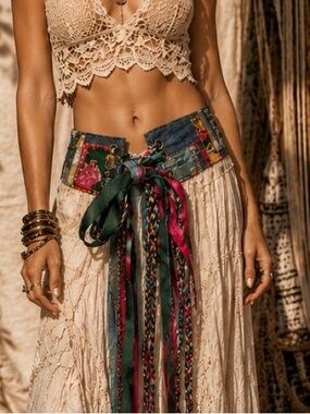 Handmade Boho Patchwork Denim Belt Art Ribbon Lace Up Festival OOAK